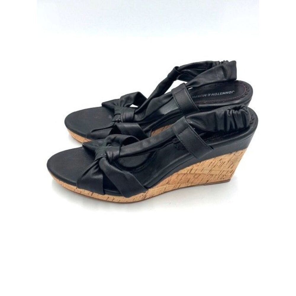 NWOT size 9.5 Johnston & Murphy Womens Black Leather Bow Wedge Sandals w/Cork - Picture 2 of 5